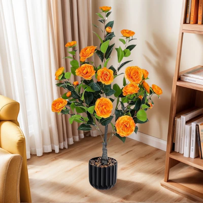 36 Inch Artificial Camellia Tree 2 Pack Orange Flower Potted Plant for Indoor Outdoor Home Office Decor