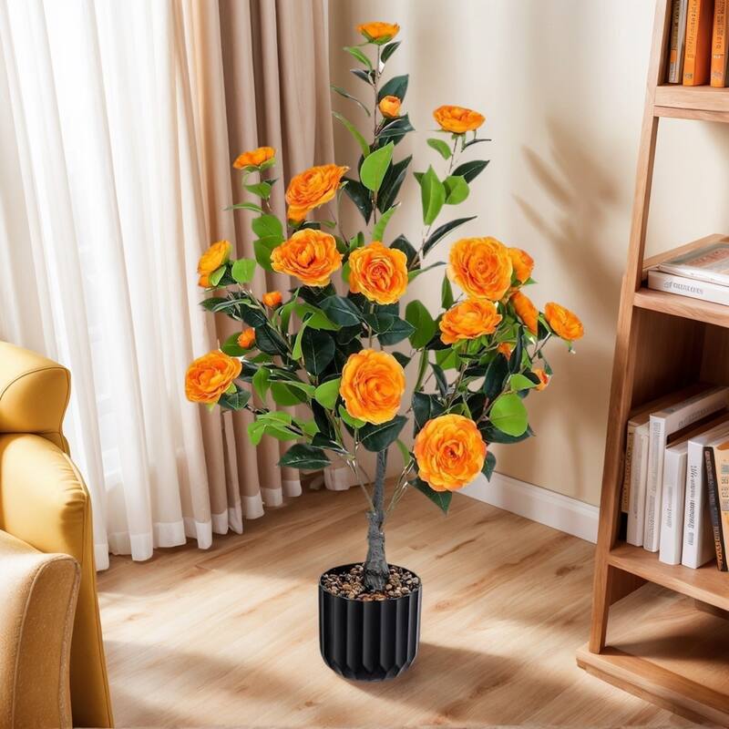 Artificial Camellia Tree 2 Pack, 36"Faux Camellia Plant in Pot with Orange Flowers, Greenery Potted Plant for Indoor Outdoor