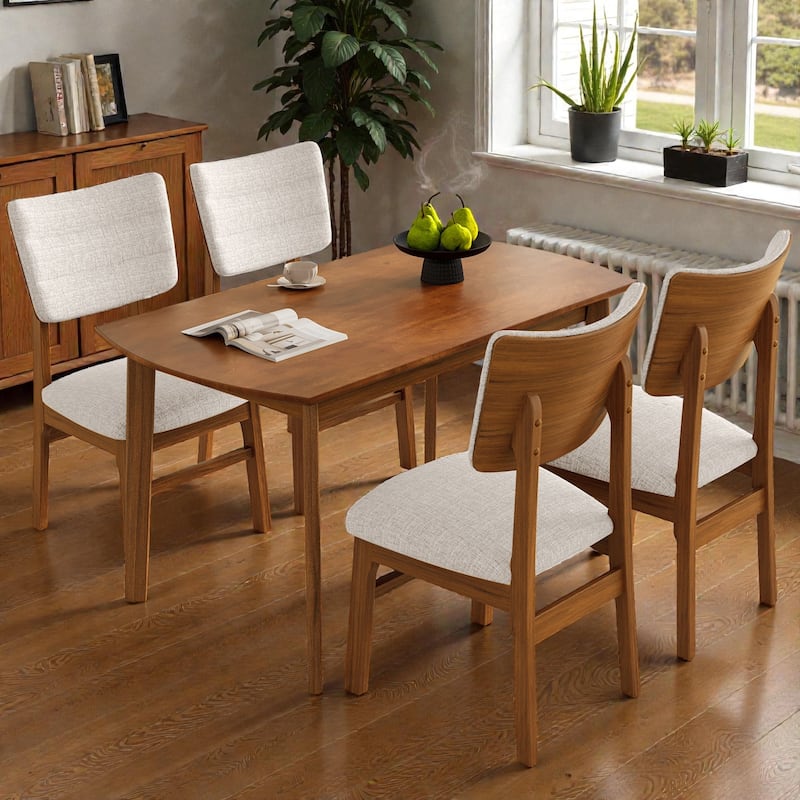 5-Piece Farmhouse Dining Table Set for 4, Oval Wood Kitchen Table with 4 Upholstered Chairs, Rubberwood Frame Dinette Set - Beige