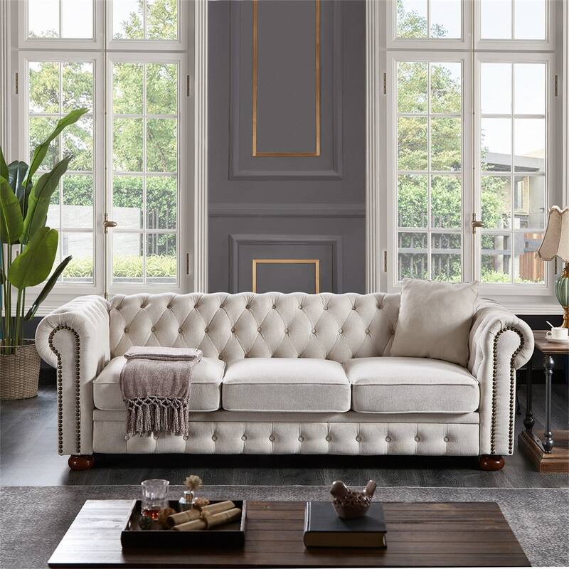3 Seat Linen Fabric Couch, Solid Wood Chesterfield Round Armrest Sofa