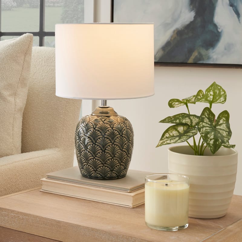 Nourison 13" Grey Carved Motif Ceramic Table Lamp