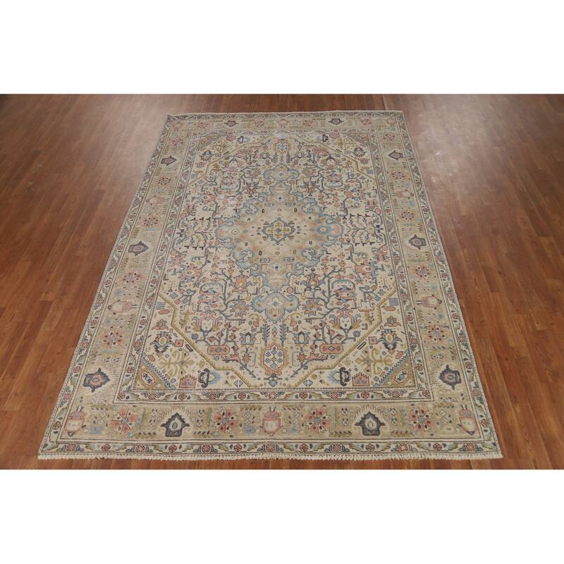 Geometric Tabriz Persian Area Rug Hand-Knotted Bedroom Wool Carpet - 6'7"x 9'5"