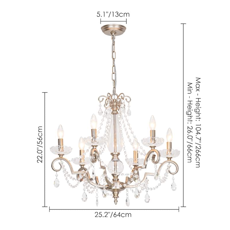 25.2" W Modern Luxury Crystal Beaded 6-Light Chandelier with Vintage Silver Finish and Candle Arms
