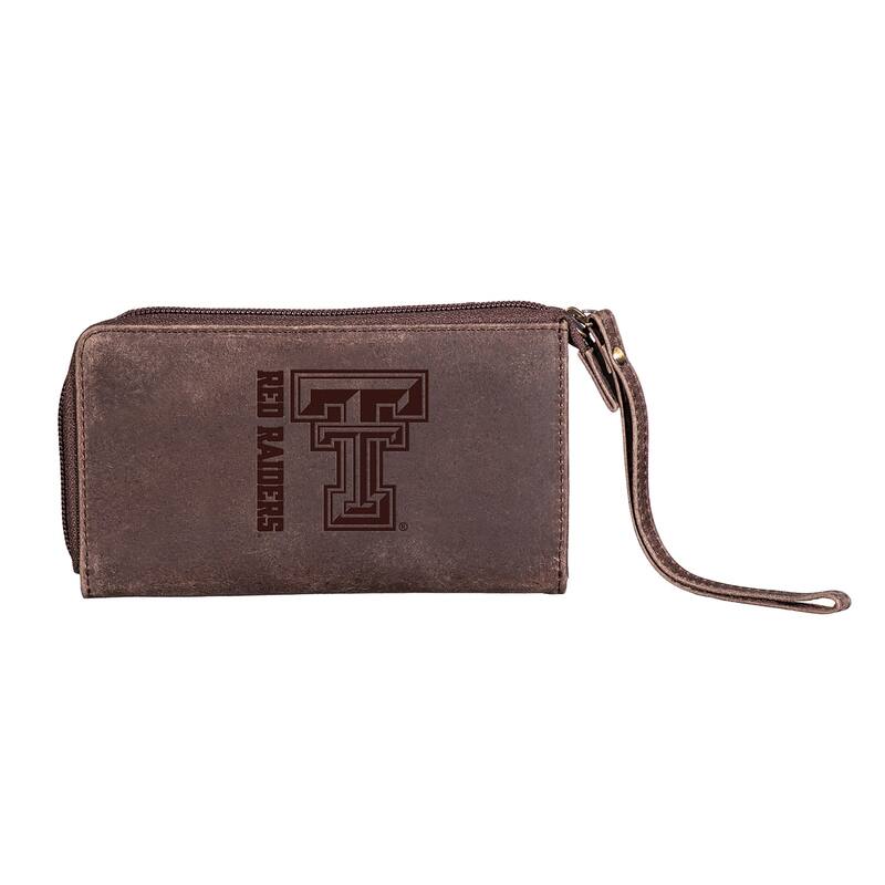 Brown Leather Cell Phone Wristlet Wallet, Texas Tech University - 4" x 7"