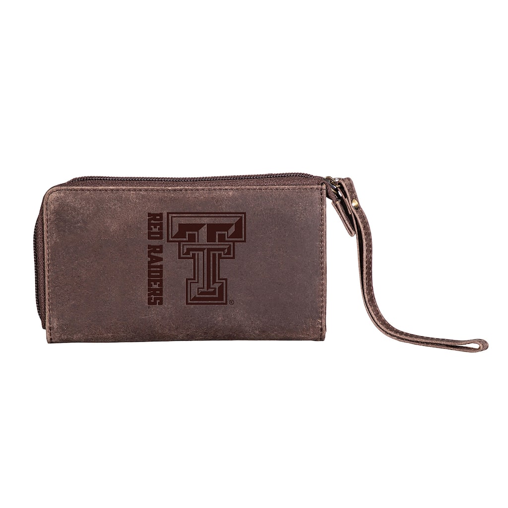 Brown Leather Cell Phone Wristlet Wallet, Texas Tech University - 4" x 7"