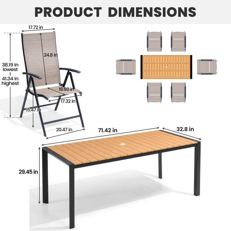 7PCS Set Outdoor Aluminum Patio Dining Table with Umbrella Hole and Folding Dining Chairs