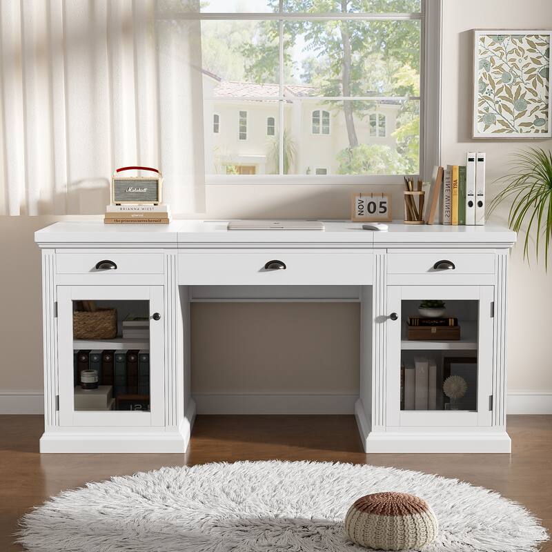 67-Inch Modern Executive Computer Desk with 2 Glass Doors Storage Cabinet & 3 Drawers