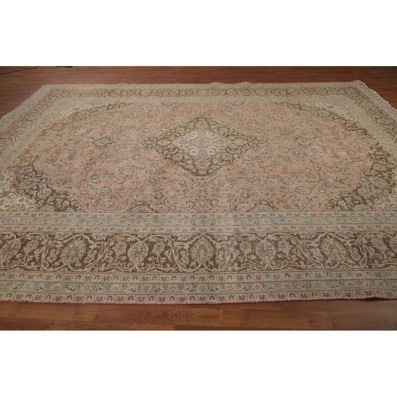 Hand Knotted Oriental 100% Wool Carpet Traditional Floral Pink Mashad Area Rug - 12' 6'' X 9' 10''