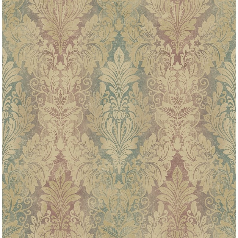 Seabrook Design Apollo Diamond Damask Unpasted Wallpaper - 20.5 in W x 33 ft. L - Metallic Khaki & Blue Raspberry