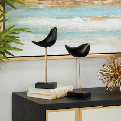 Black Wood Handmade Bird Decorative Sculpture (Set of 2)