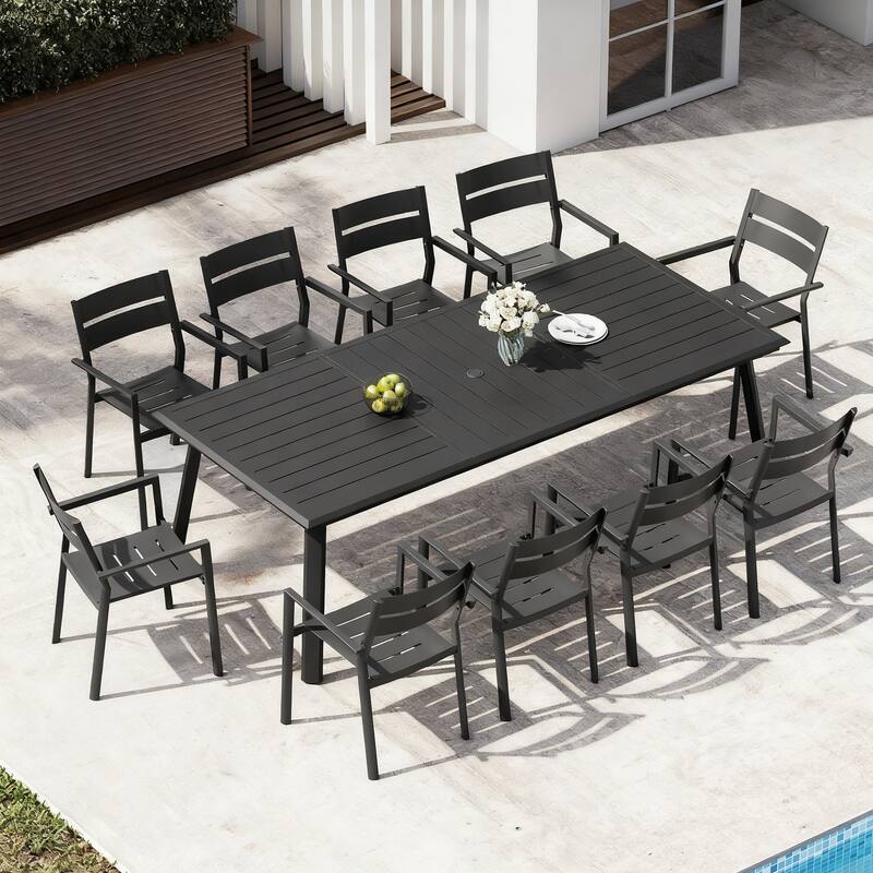 7/9/11 Piece Patio Dining Set Outdoor All-Weather Aluminum Dining Table with Umbrella Hole and Stackable Chairs