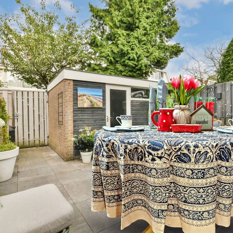 Vegetable Dye Tulip Floral Block Print Tablecloth Collection - 72-in Round - Blue