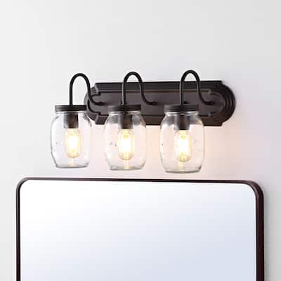 Gaines 19.3" 3-Light Farmhouse Industrial Iron Mason Jar LED Vanity, Oil Rubbed Bronze/Clear by JONATHAN Y - 3 Light
