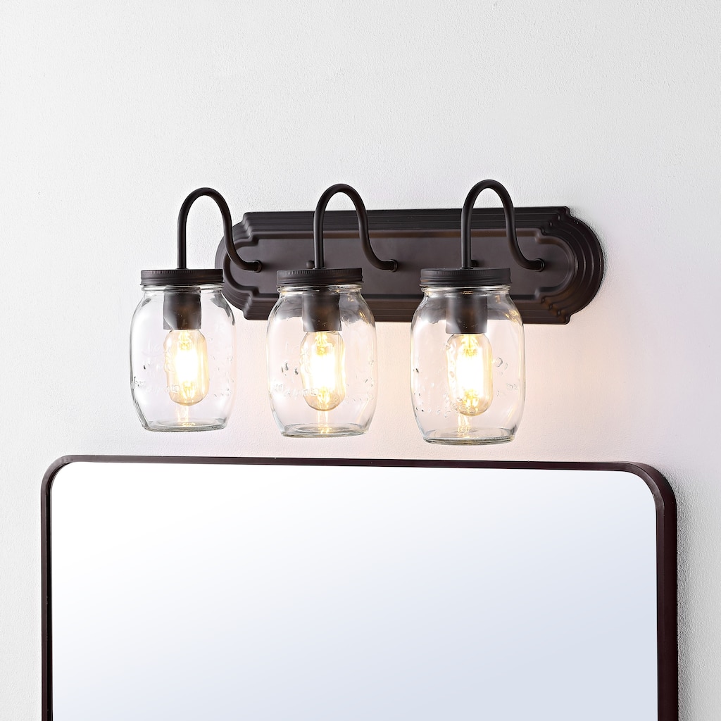 Gaines 19.3" 3-Light Farmhouse Industrial Iron Mason Jar LED Vanity, Oil Rubbed Bronze/Clear by JONATHAN Y - 3 Light