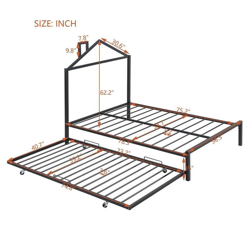 Full Size House Shaped Metal Platform Bed with Trundle