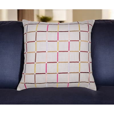 HomeRoots 24" White Check Cotton Blend Throw Pillow With Embroidery