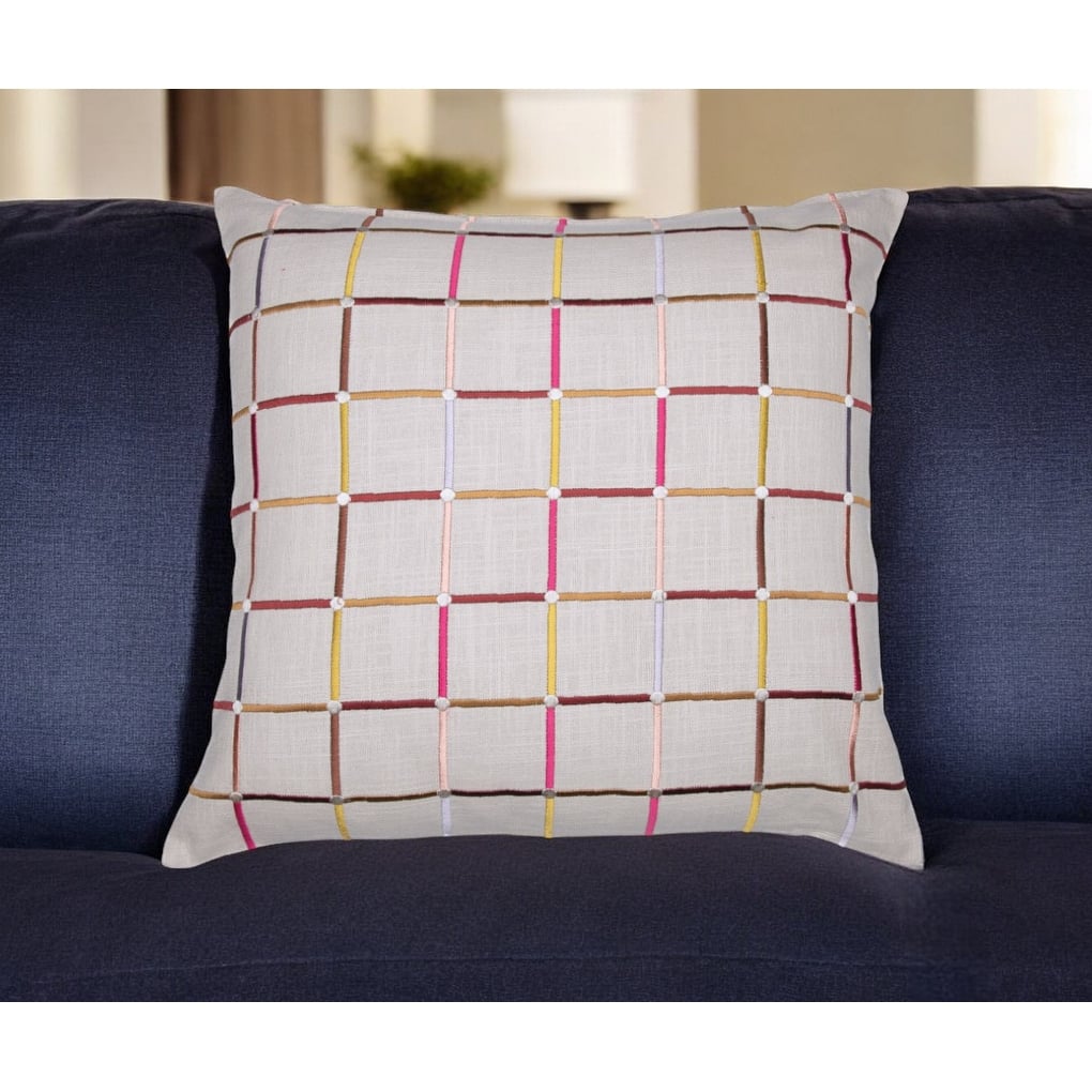 HomeRoots 24" White Check Cotton Blend Throw Pillow With Embroidery
