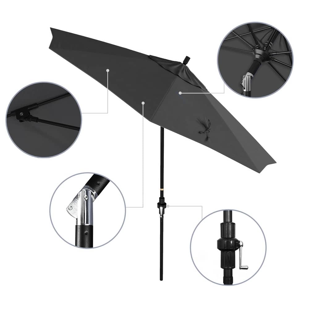 California Umbrella 9' Rd Patio Umbrella Black Aluminum Frame Fiberglass Ribs Crank Lift Collar Tilt, Olefin Royal Blue Fabric
