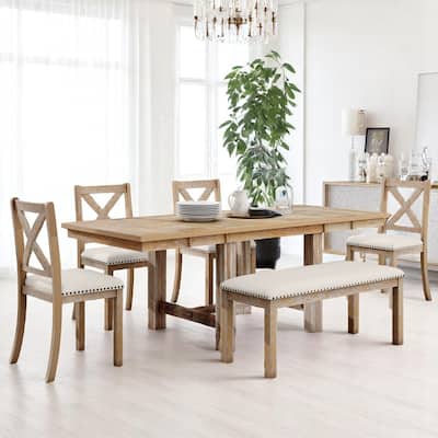 82" 6-Piece Extendable Dining Table Set with Removable Leaves, 4 Upholstered Chairs and Bench for Dining Room or Kitchen