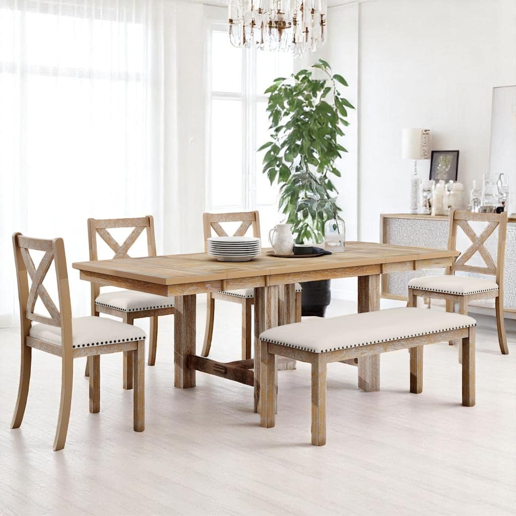 82" 6-Piece Extendable Dining Table Set with Removable Leaves, 4 Upholstered Chairs and Bench for Dining Room or Kitchen