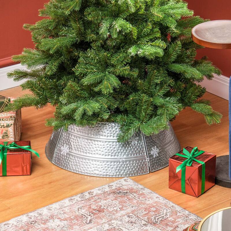 Bright Silver Christmas Tree Collar with Snowflake Engraving and Sturdy Metal Base Cover - 26" x 9" H