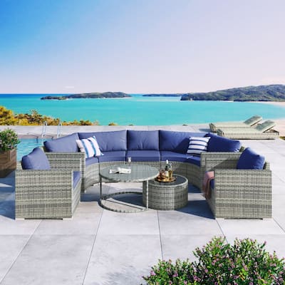 9-Pieces Outdoor Wicker Half-moon Sofa Set with Cushions and Round Table