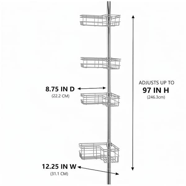 dimension image slide 0 of 6, Utopia Alley Tension Pole Shower Caddy Corner Organizer, Adjustable with 4 Removable Baskets, 60 to 97 Inch