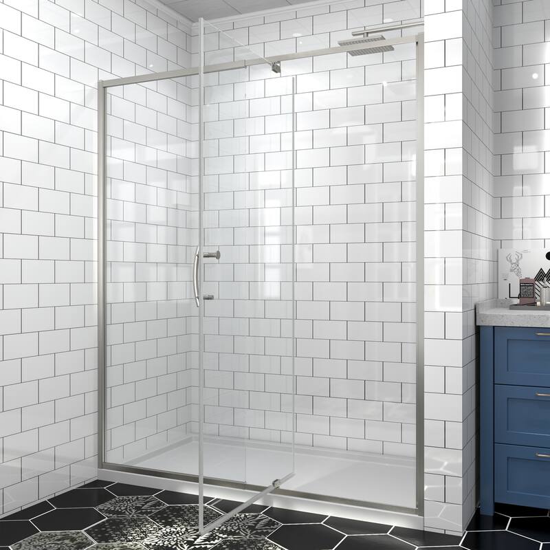 Modland 42''/48''/54''/60''W x 71''H Frameless Pivot Swing Shower Door Enclosure with 1/4" SGCC Tempered Glass Door - 60x71 - Brushed nickel