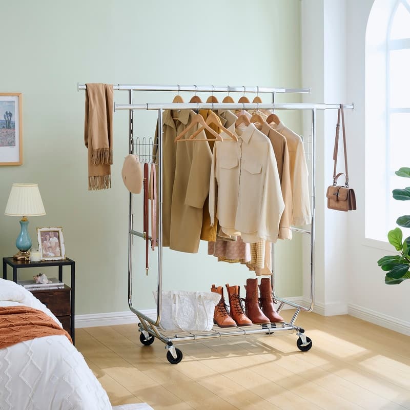 Mieres Double Clothing Rack, Collapsible Clothing Rack Max Capacity 800lbs, Industrial Rolling Rack with Bottom Shelf