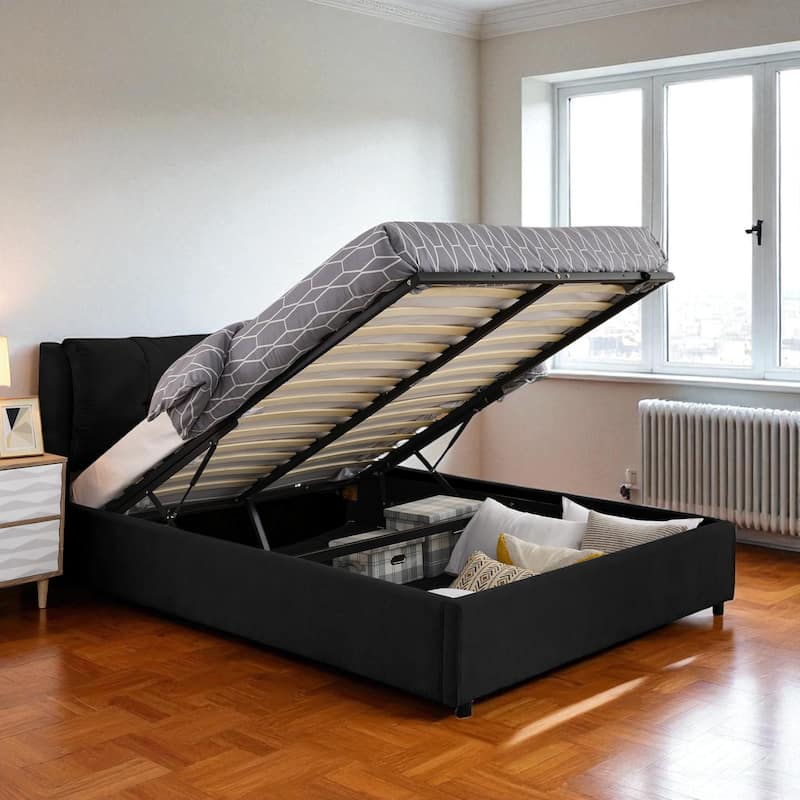 Queen/King Size Upholstered Hydraulic Storage Platform Bed with Chenille Fabric and Integrated Headboard