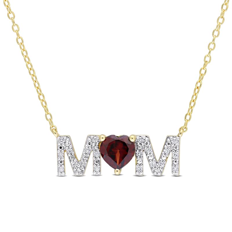 Miadora Heart Garnet and 1/10ct TDW Diamond "MOM" Station Necklace in Yellow Plated Sterling Silver