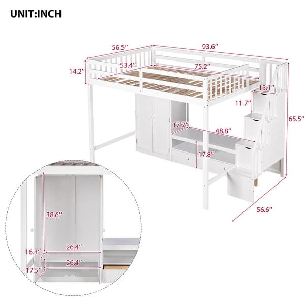 dimension image slide 1 of 2, Multi-Functional Full Size Loft Bed Frame with Wardrobe, Low Storage Table and Storage Staircase, Health & Safe, White