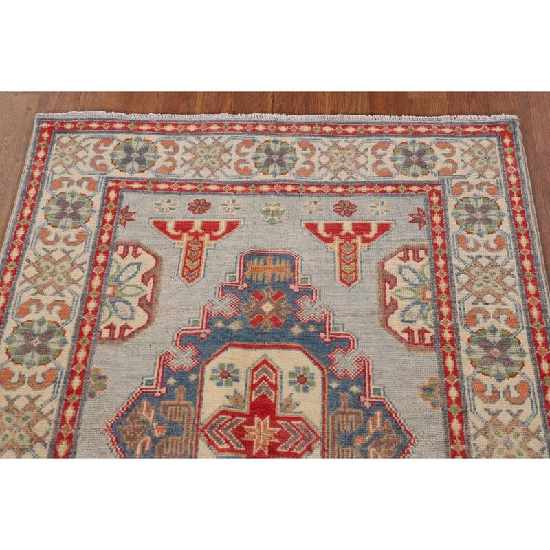 Geometric Grey Kazak Oriental Accent Rug Hand-Knotted Wool Carpet - 3'3"x 4'11"