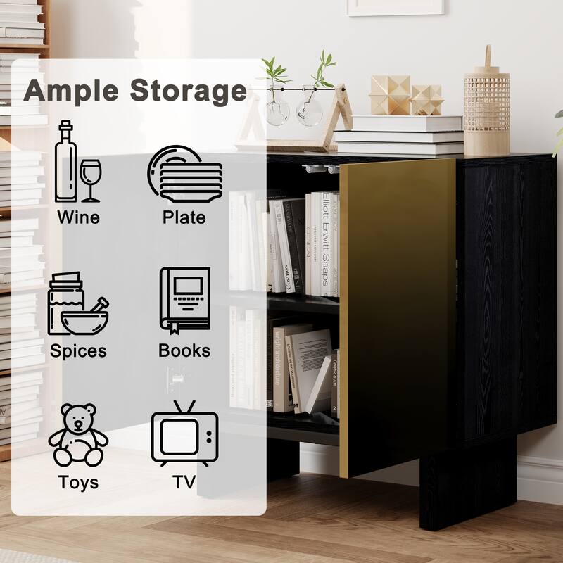 Modern Matte Black 2-Door Accent Cabinet with Gold Wire Mesh & Push-to-Open