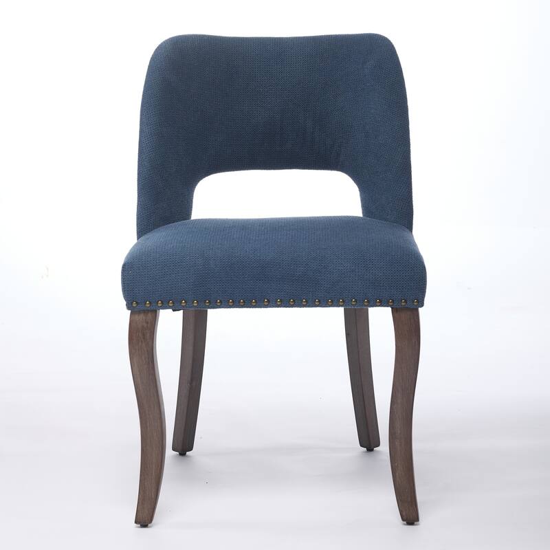 Fabric Upholstered Dining Chairs Set of 2, Kitchen Chairs with Curved Backrest, Accent Chair with Solid Wood Legs - Blue