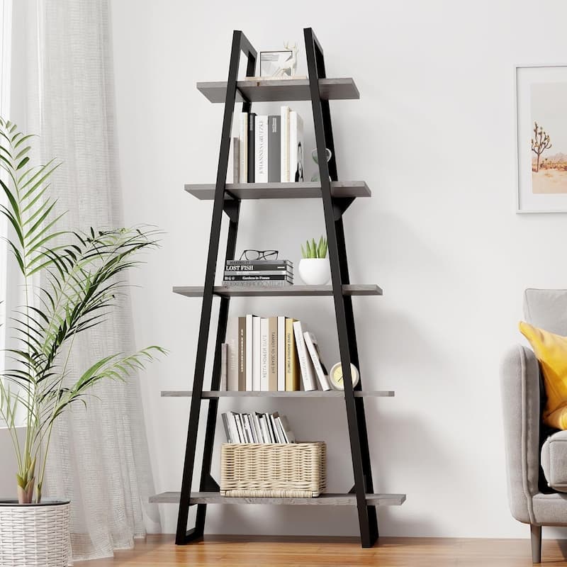 5-Tier Metal Ladder Bookshelf, Rustic Bookcase with Open Display Shelves - Dark Grey