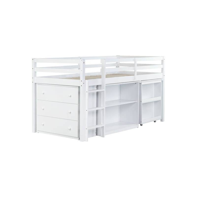 Twin Size Loft Bed with Ladder, Guardrail, Retractable Writing Desk, Drawers and Cabinet Shelves, Low Loft Storage Bed Frame
