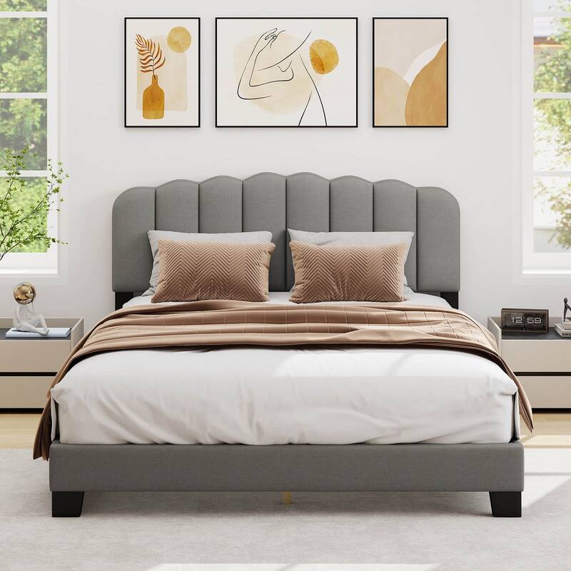 Costway Queen Size Bed Frame Linen Upholstered Platform Bed with