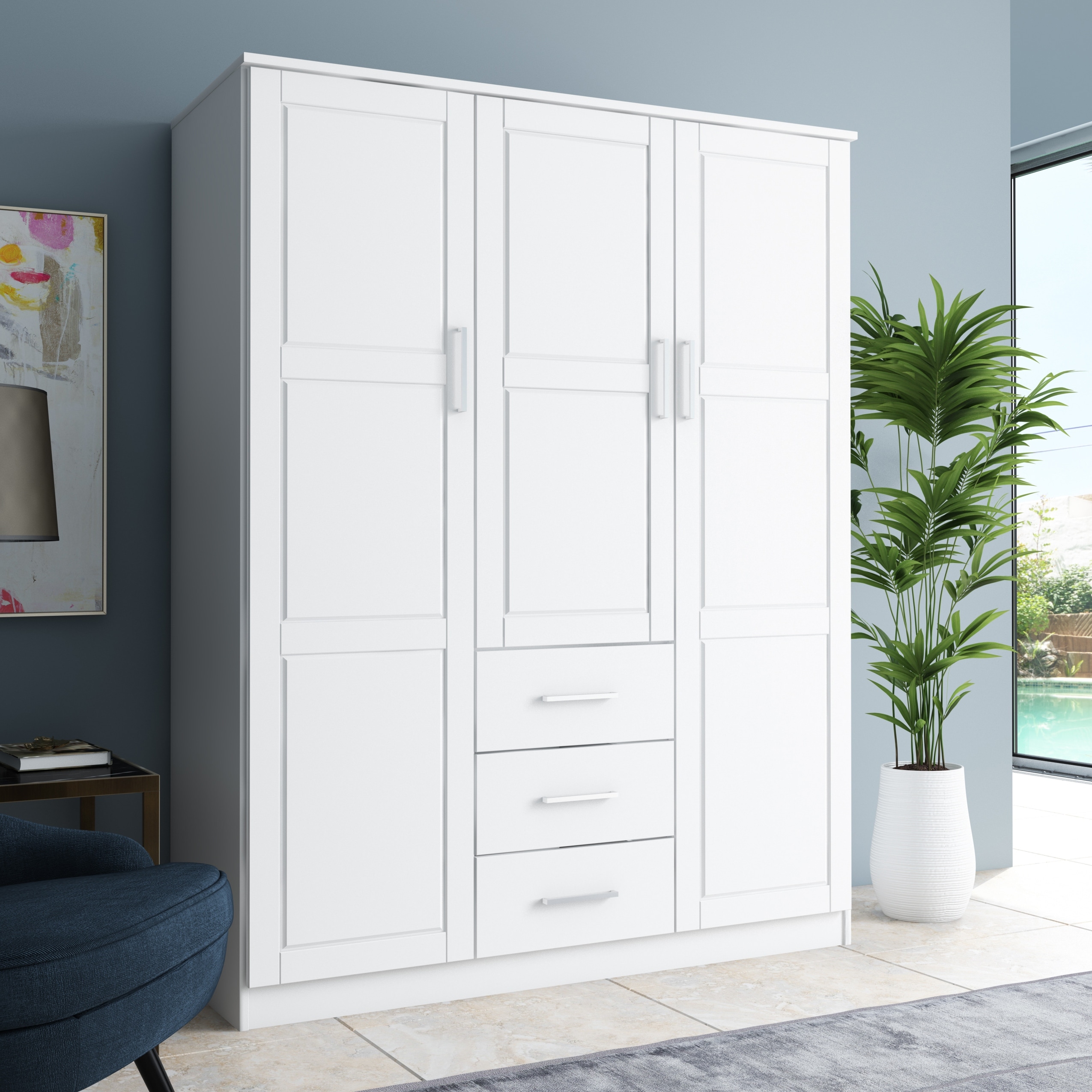 armoire dresser FUFU&GAGA White Wood 47 in. W Armoire, Wardrobe with 4-Drawers, 6-Shelves, 1-Hanging Bar, 1-Mirrored Door & 5-Normal Doors as recommended by interior designers Modern Armoire Wardrobe Closet with