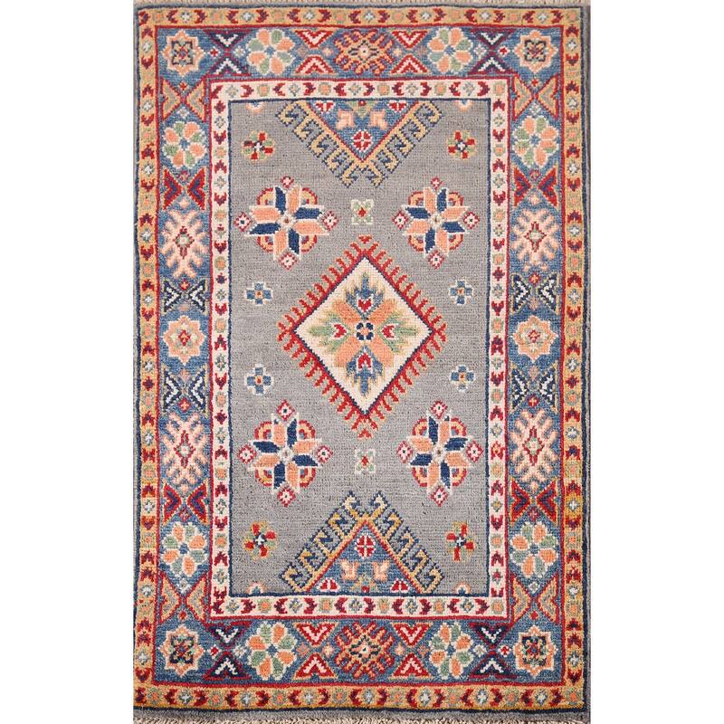 Hand Knotted Oriental 100% Wool Carpet Traditional Geometric Greys & Charcoal Kazak Area Rug - 3' 1'' X 2' 0''