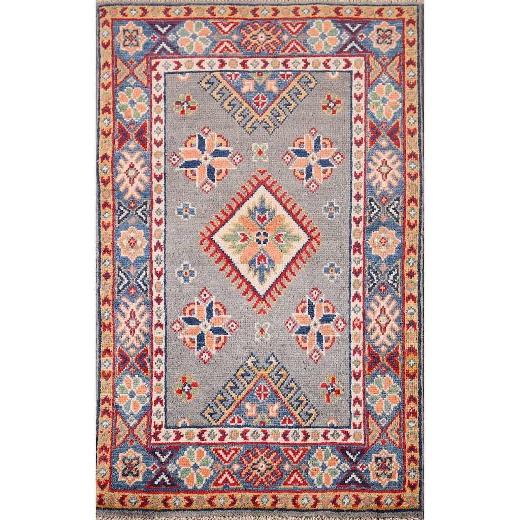 Hand Knotted Oriental 100% Wool Carpet Traditional Geometric Greys & Charcoal Kazak Area Rug - 3' 1'' X 2' 0''