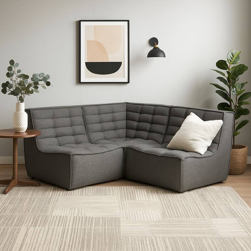 Ema 3pc Modular Sectional Corner Sofa, Grid Tufted Gray Polyester
