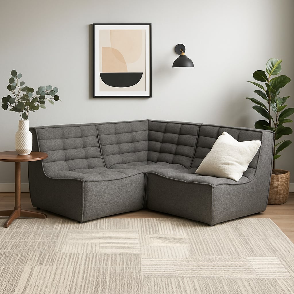 Ema 3pc Modular Sectional Corner Sofa, Grid Tufted Gray Polyester
