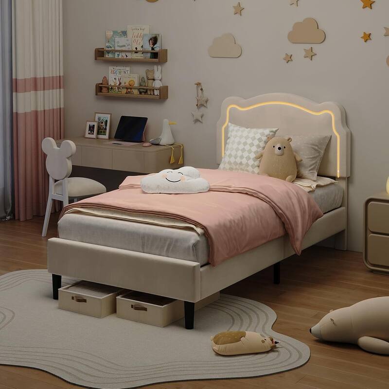 Twin Size Upholstered LED Platform Bed Frame with Bear-Shaped Headboard for Kids