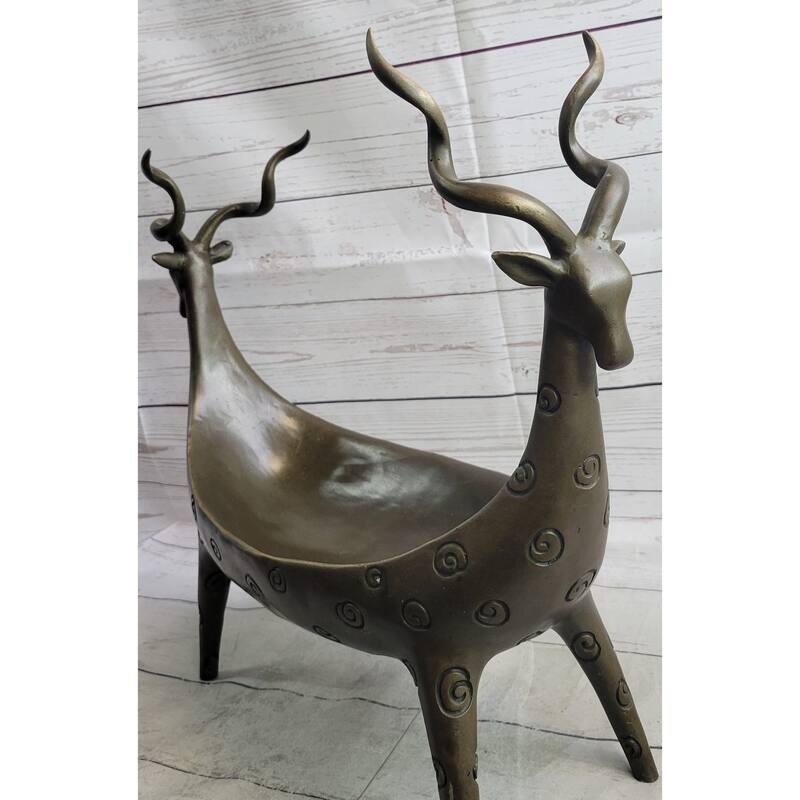 Two Gazelle Antelope Kudu Bronze Vessel Planter Bowl Candy Dish