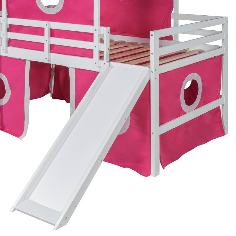 Twin/Full Size Wooden Playhouse Loft Bed with Tent and Tower, Solid Pinewood Low Loftbed Frame with Slide and Ladder