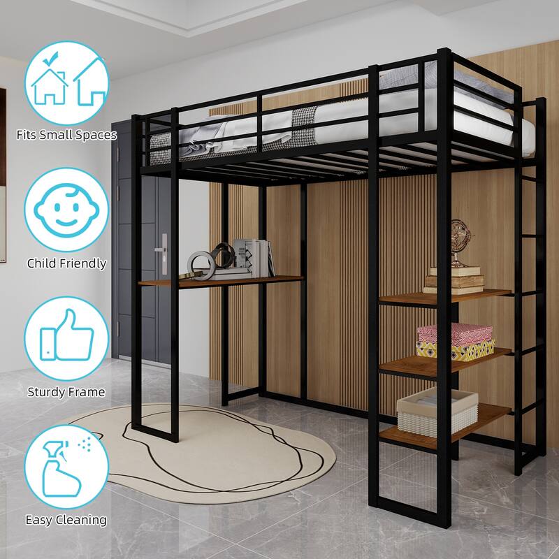 Space-Saving Iron Bunk Bed with L-Shaped Desk, Dual Staircase & Storage for Kids & Teens