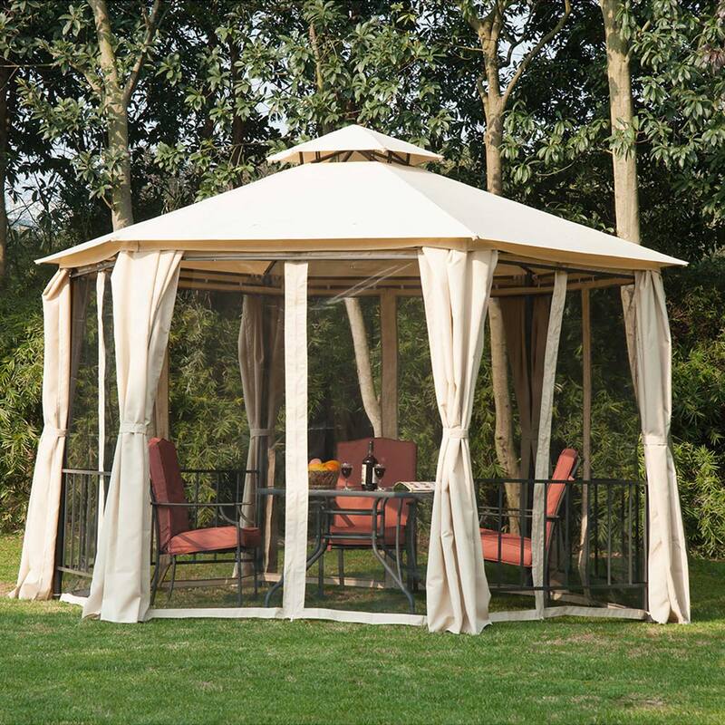 Outsunny 7' x 7' 2-Level Hexagon Outdoor Patio Gazebo Canopy Pavilion with Removable Mesh Curtains, Double Tiered Roof - Beige
