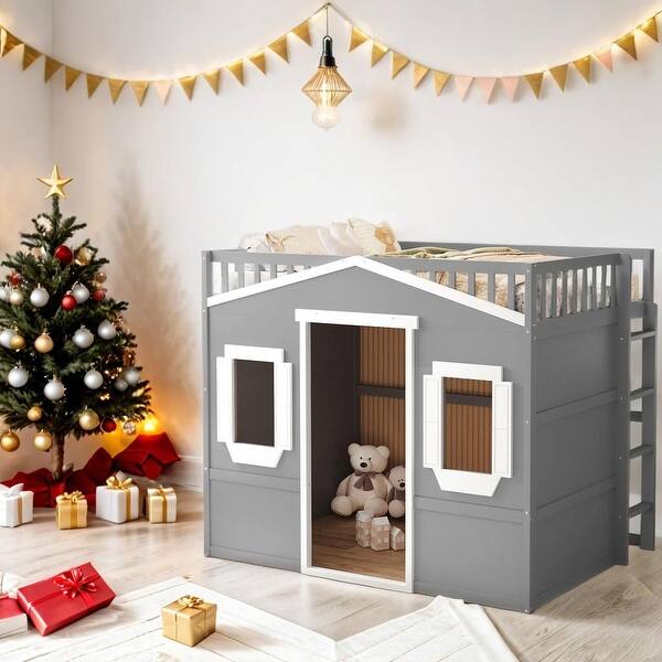 slide 2 of 16, Elegant Design Full Size House Loft Bed With Ladder-Gray+White Frame Modern Multi-Functional Children's Bed Gray+White Frame