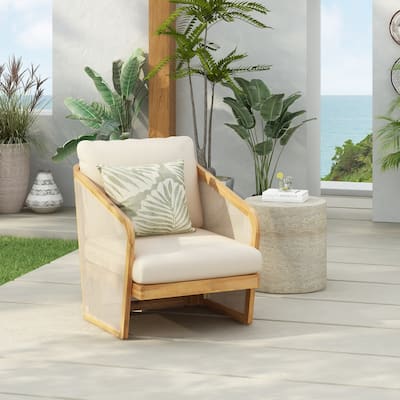 Lenrn Wood Textilene Club Chair with Acacia Frame and Water-Resistant Cushions by Christopher Knight Home